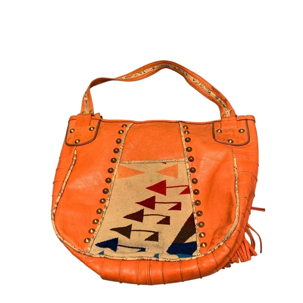 Handmade Orange Leather Boho pendleton Shoulder Bag Tassel Fringe purse